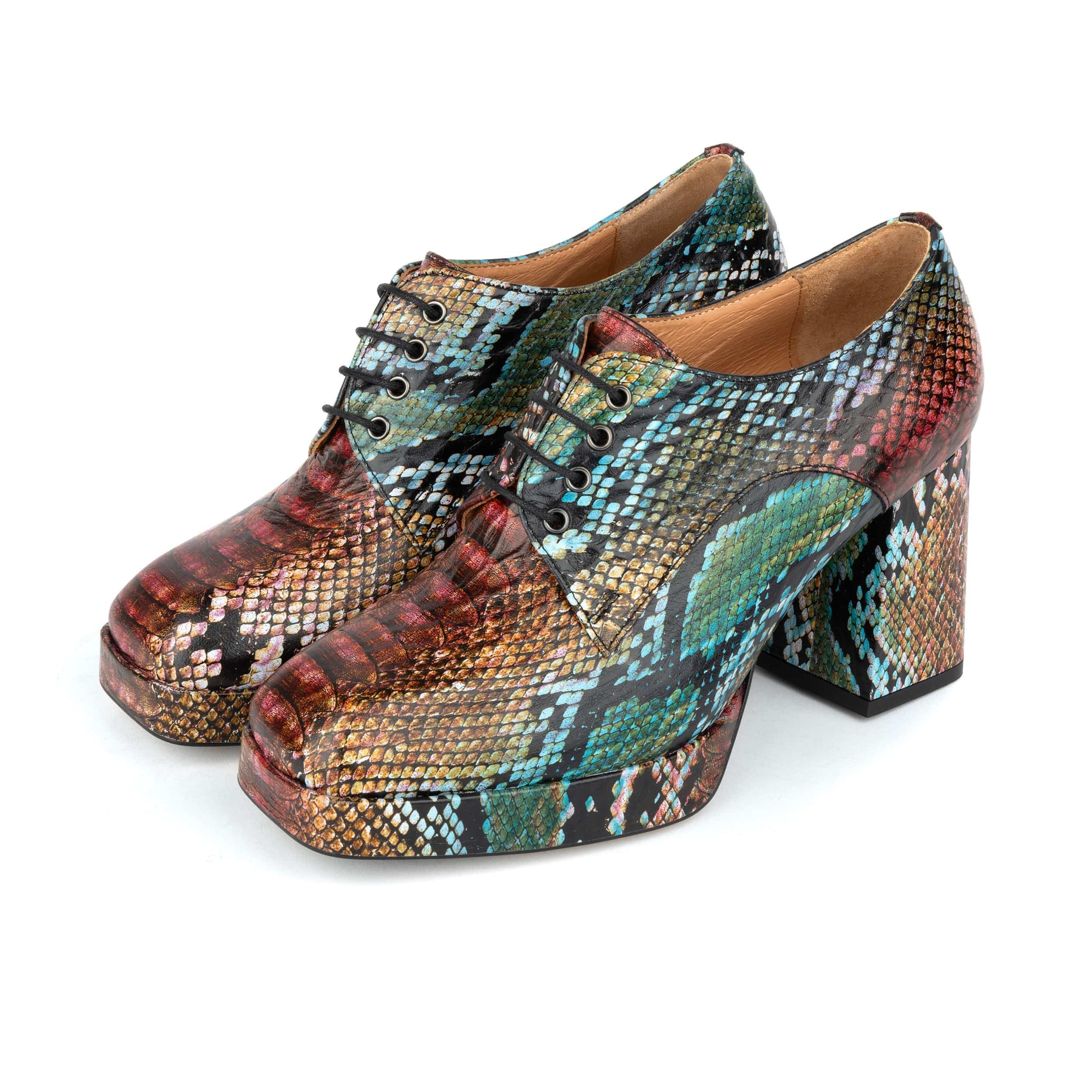 Roulette Platform - Green & Brown Snake - Women's leather oxford pump with platform and block heel - Image 10