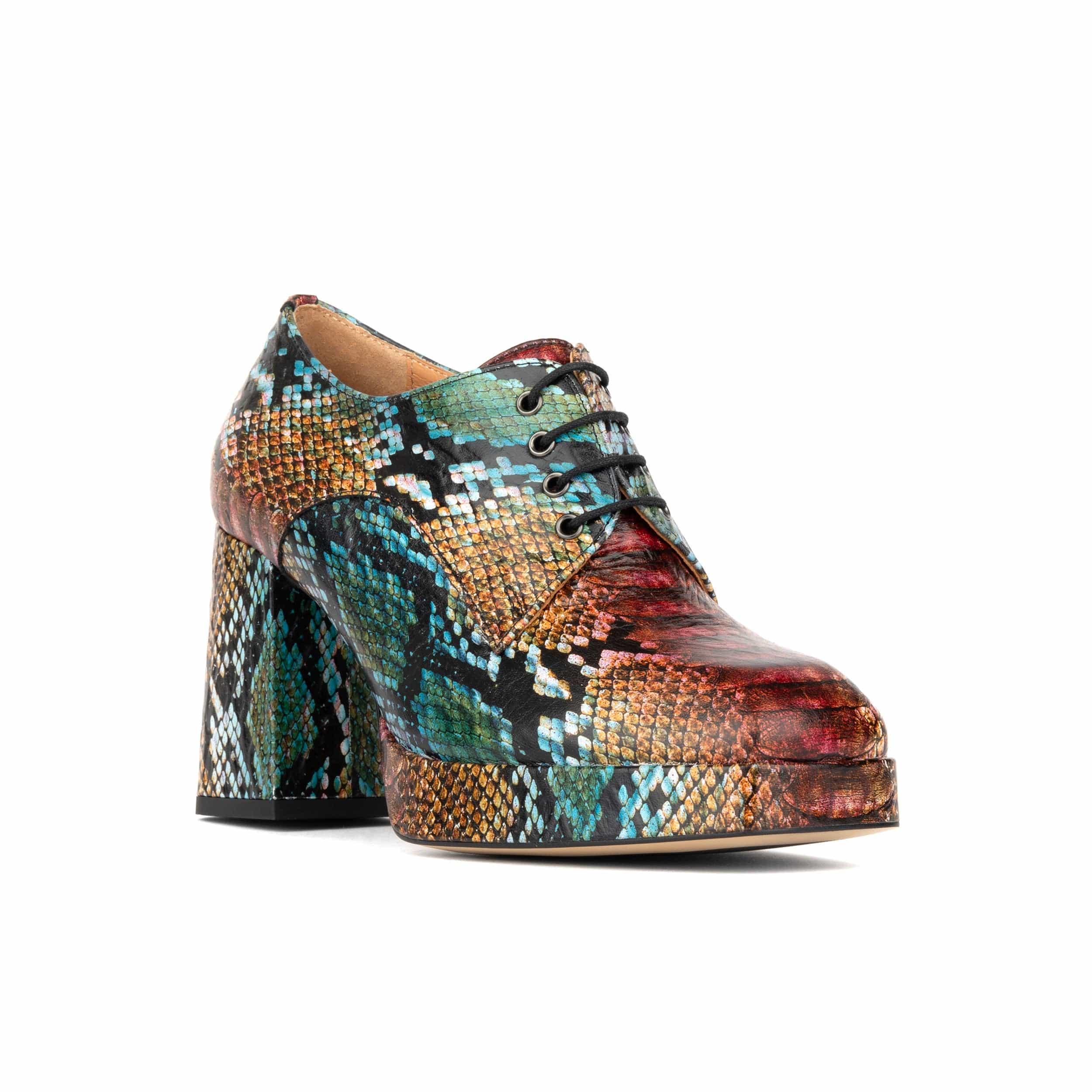 Roulette Platform - Green & Brown Snake - Women's leather oxford pump with platform and block heel - Image 3