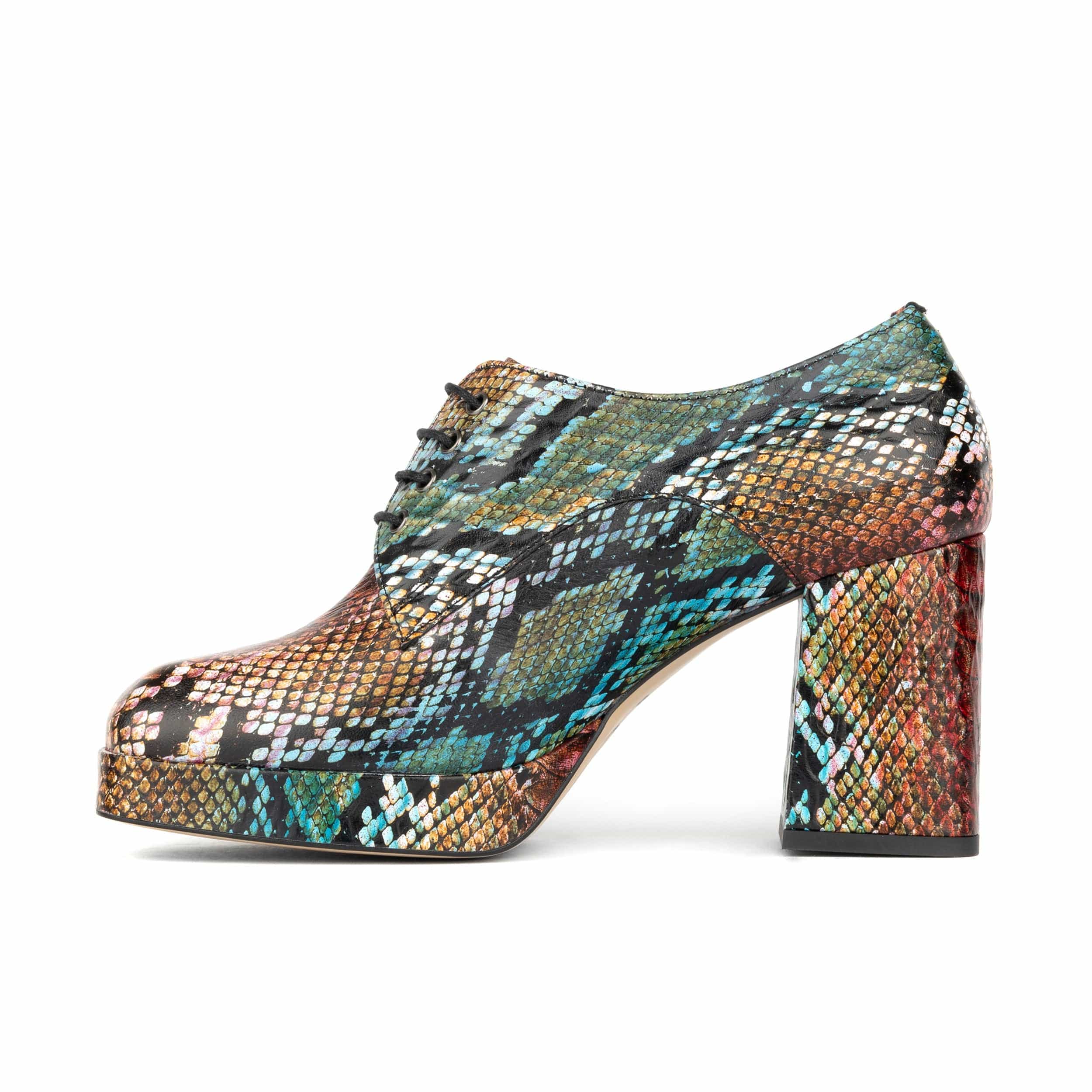 Roulette Platform - Green & Brown Snake - Women's leather oxford pump with platform and block heel - Image 4