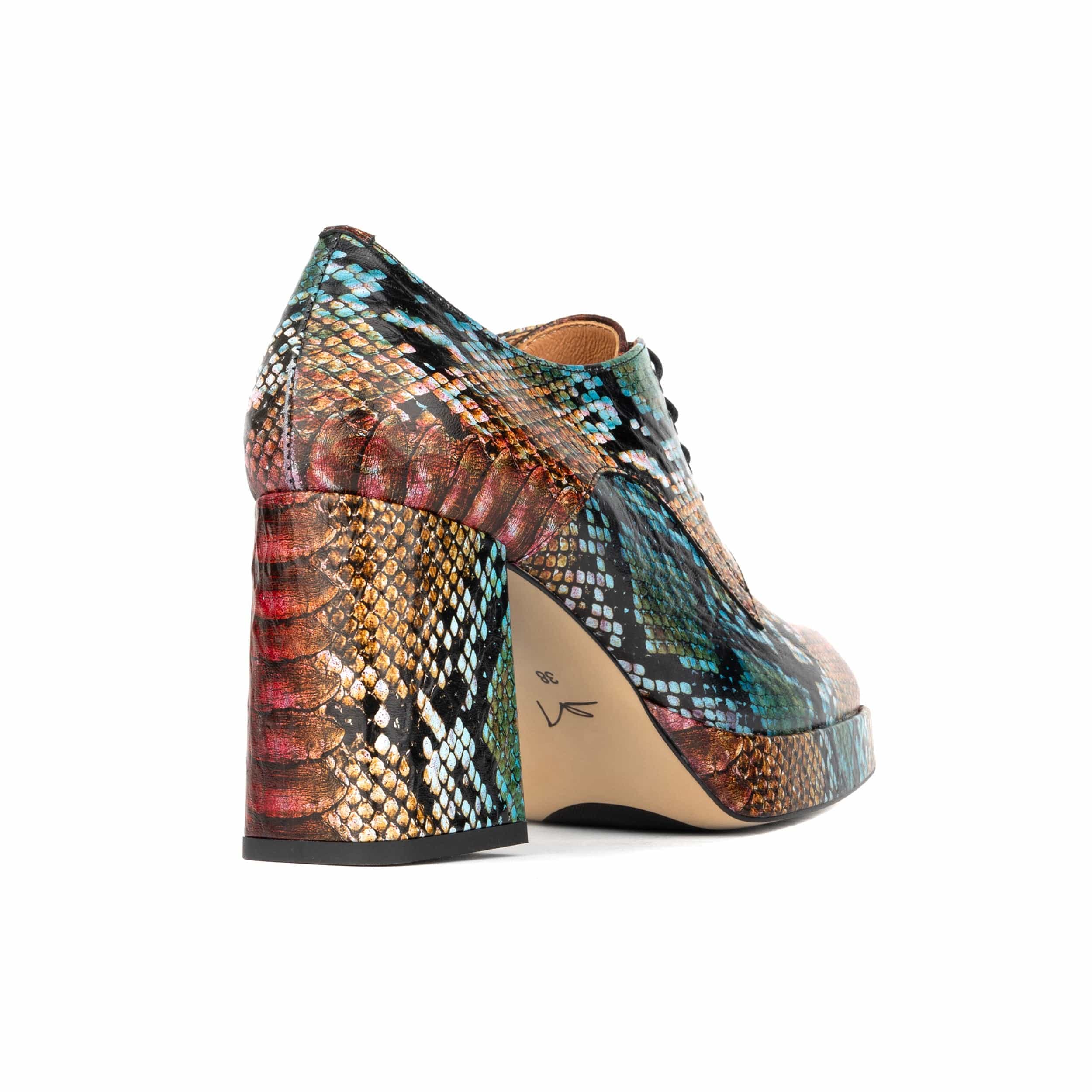 Roulette Platform - Green & Brown Snake - Women's leather oxford pump with platform and block heel - Image 5