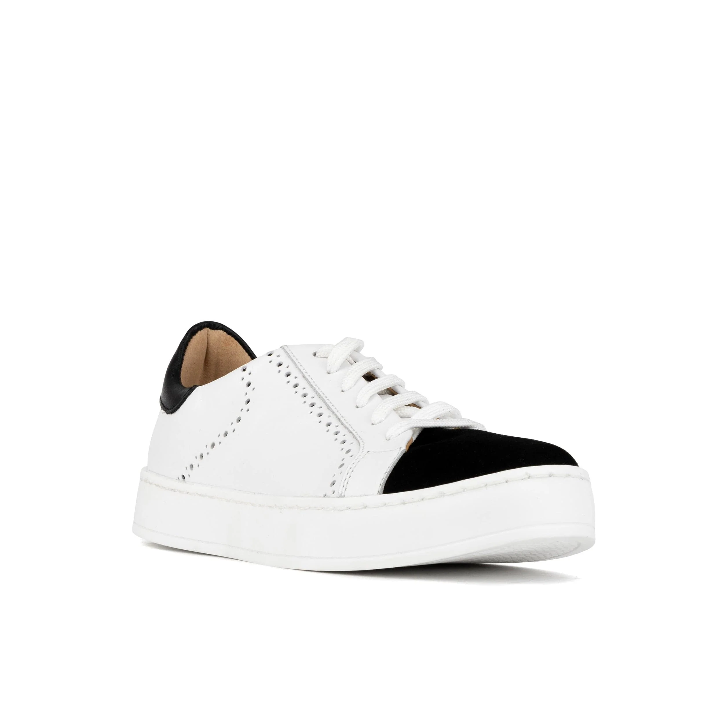 Serena - Black & White - Women’s Leather Trainer with Brogue Details - Image 3