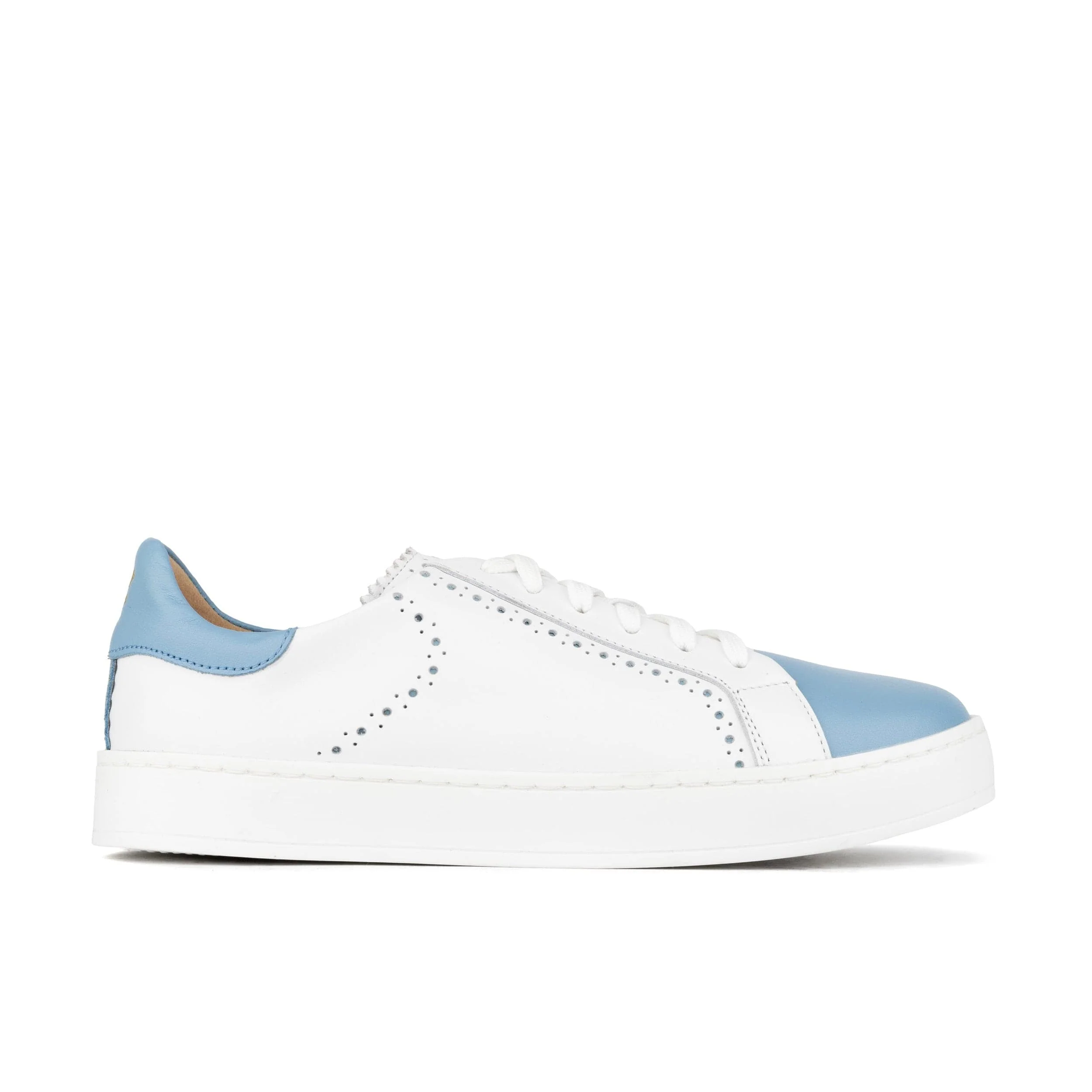 Serena - White & Blue - Women’s Leather Trainer with Brogue Details