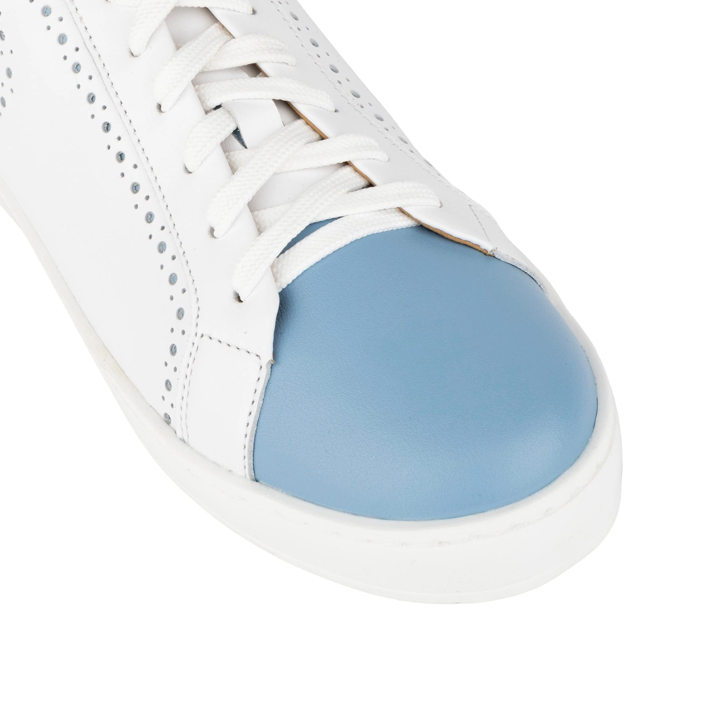 Serena - White & Blue - Women’s Leather Trainer with Brogue Details - Image 7