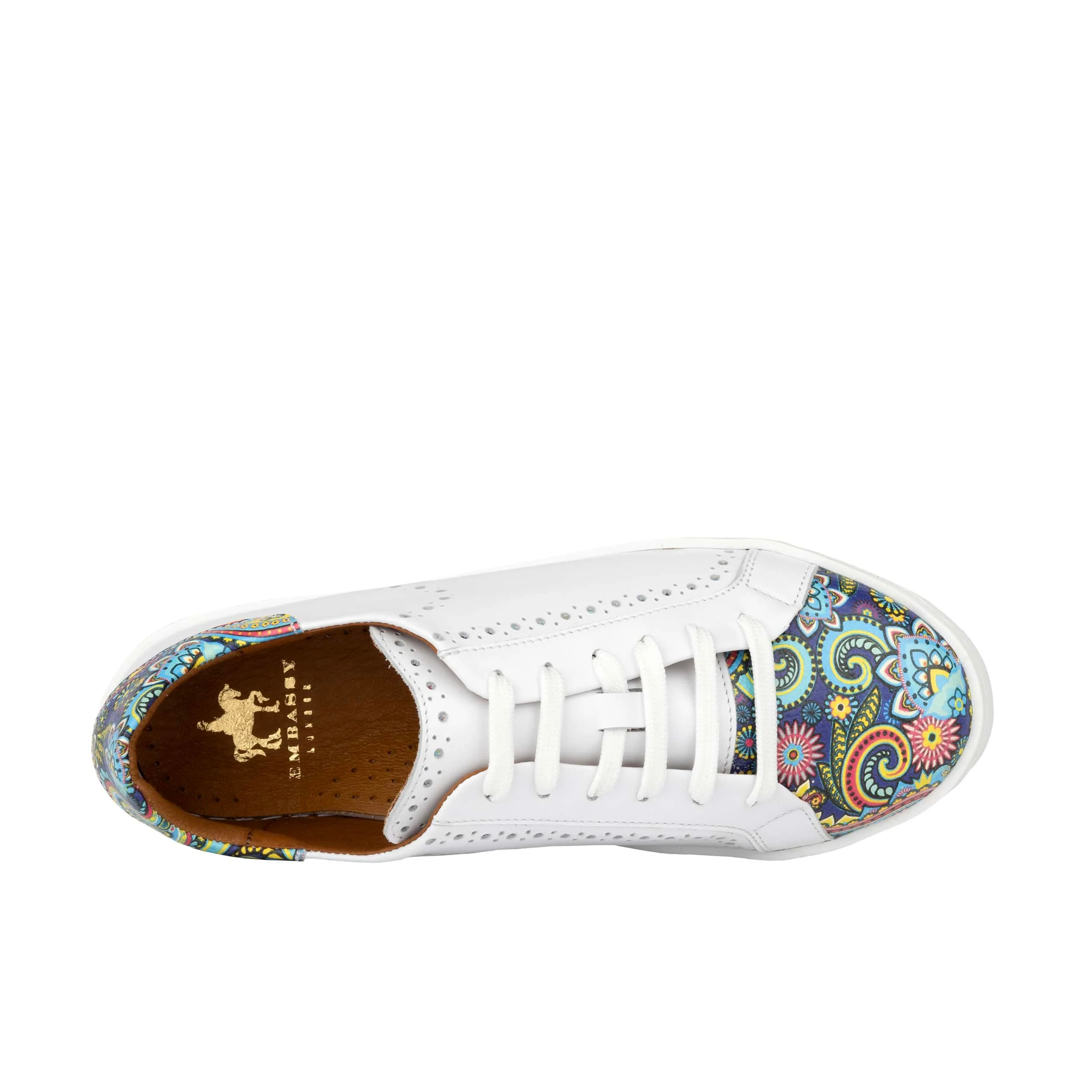 Serena - White & Festival Blue - Women’s Leather Trainer with Brogue Details - Image 6