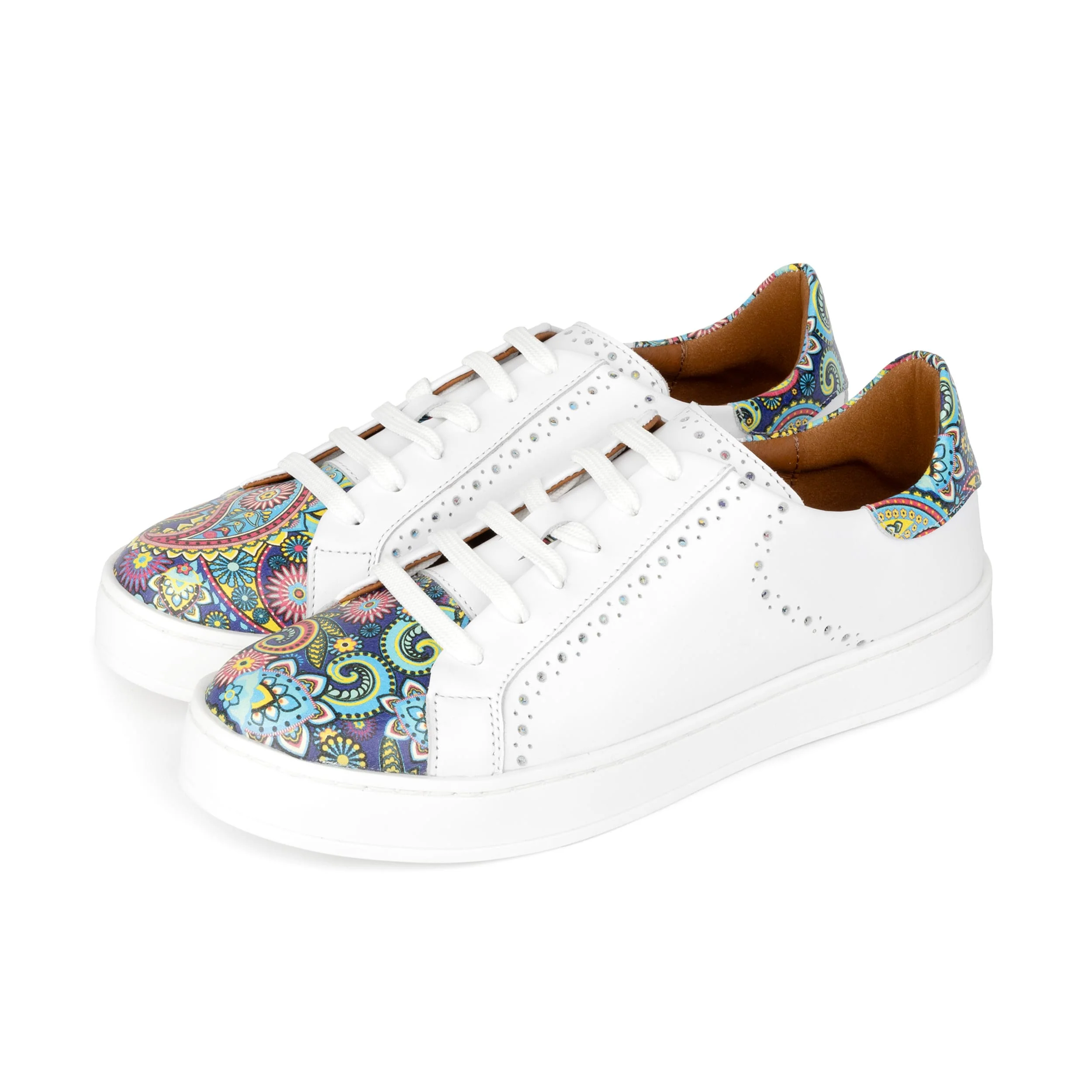 Serena - White & Festival Blue - Women’s Leather Trainer with Brogue Details - Image 9