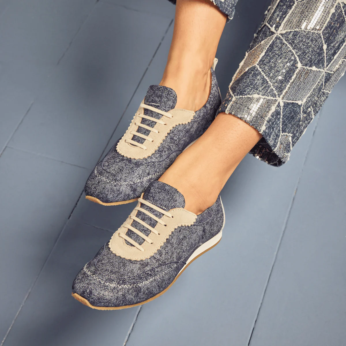 Shoreditch - Denim - Women's Suede & Denim Slim Trainer - Image 2