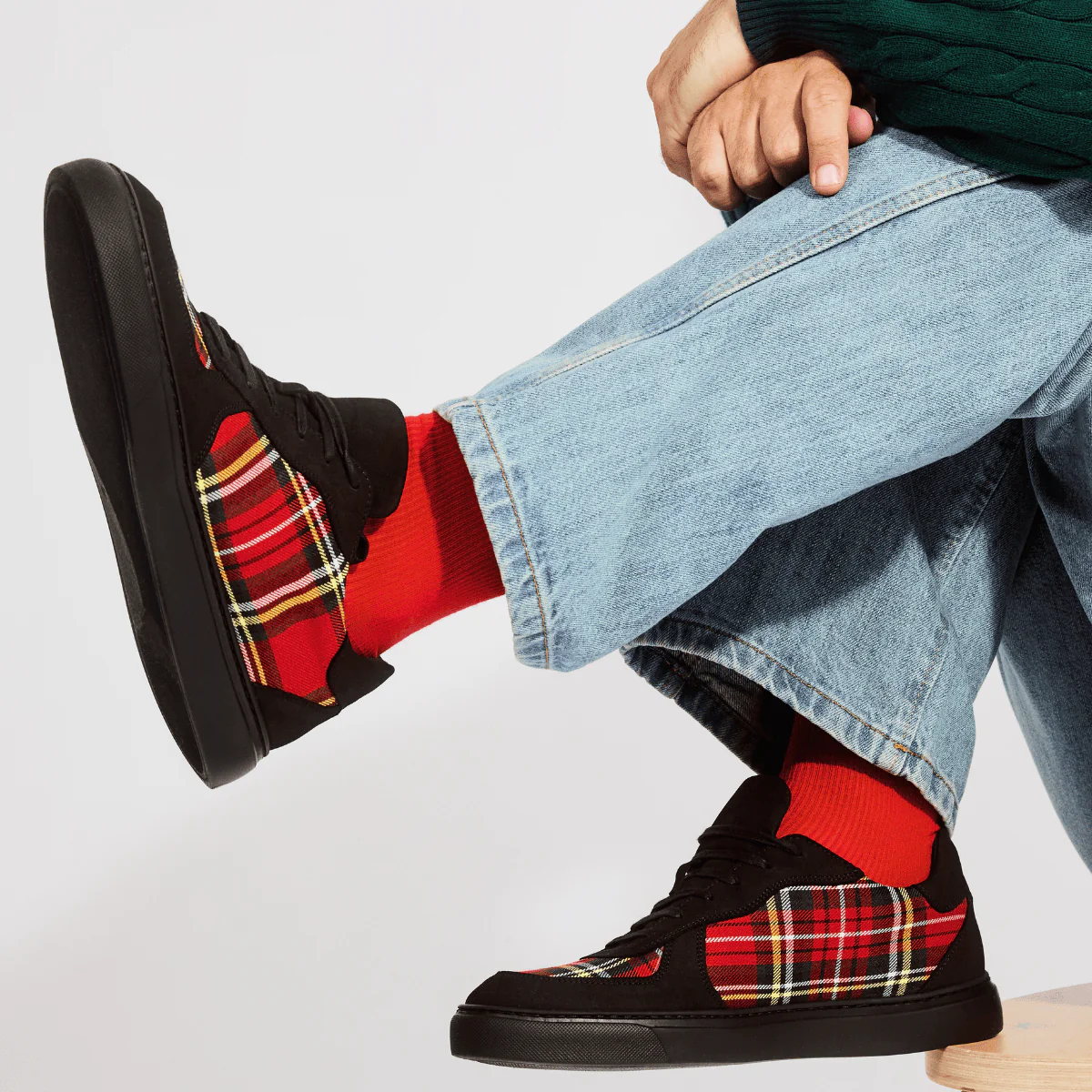 Strada - Black & Red Tartan - Men's Tartan Leather & Suede Trainer - Image 2
