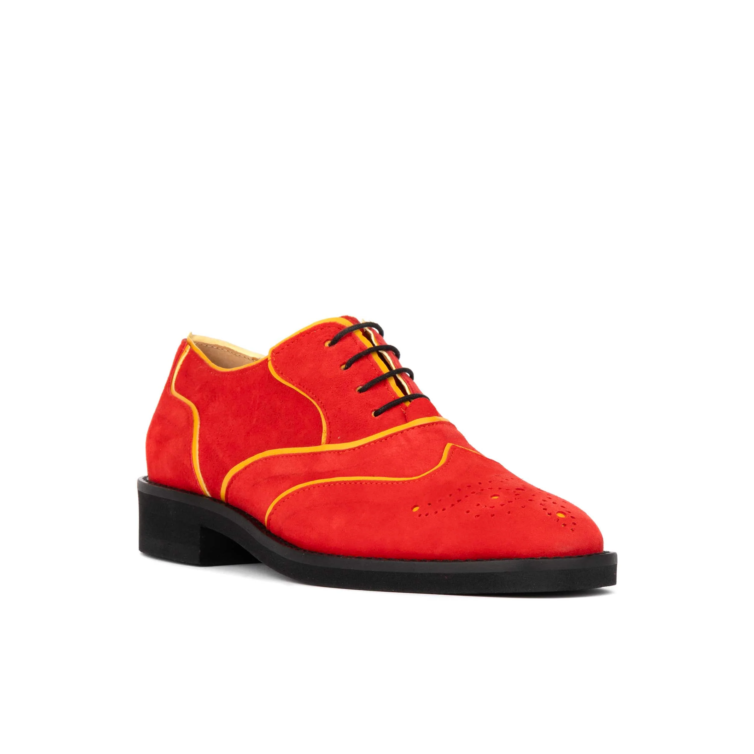 Sun - Red & Yellow - Women's Suede Wingtip Oxford Brogue with Contrast Piping - Image 2