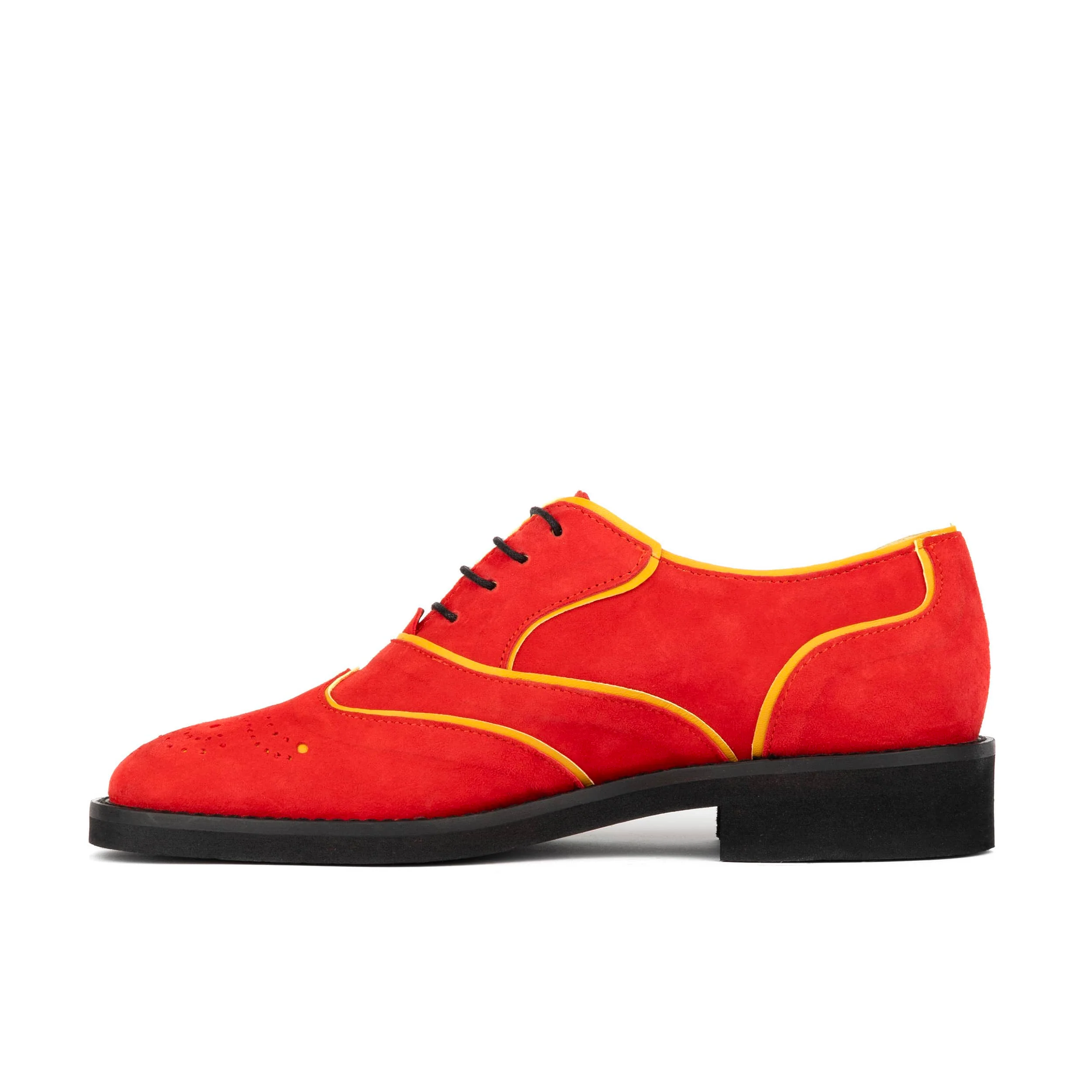 Sun - Red & Yellow - Women's Suede Wingtip Oxford Brogue with Contrast Piping - Image 3