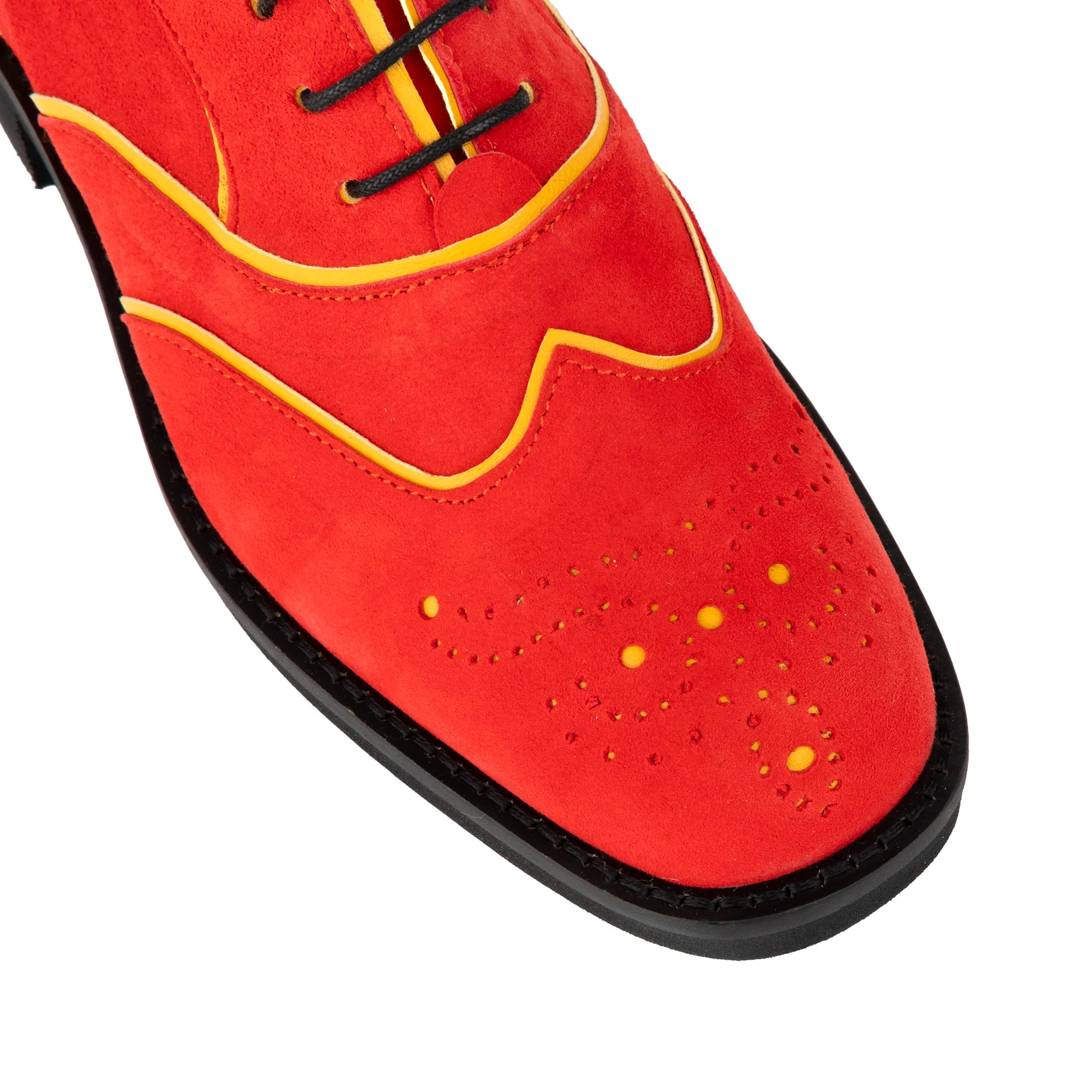 Sun - Red & Yellow - Women's Suede Wingtip Oxford Brogue with Contrast Piping - Image 7