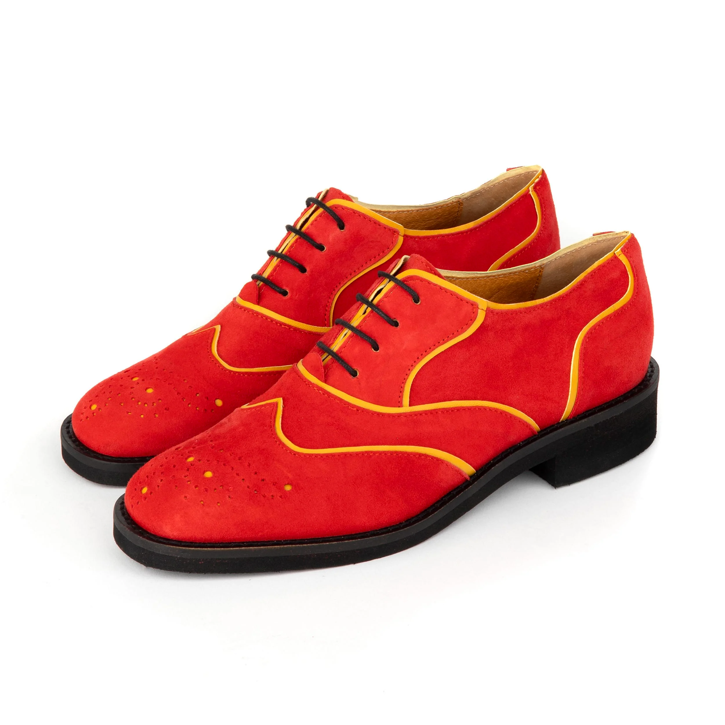 Sun - Red & Yellow - Women's Suede Wingtip Oxford Brogue with Contrast Piping - Image 9