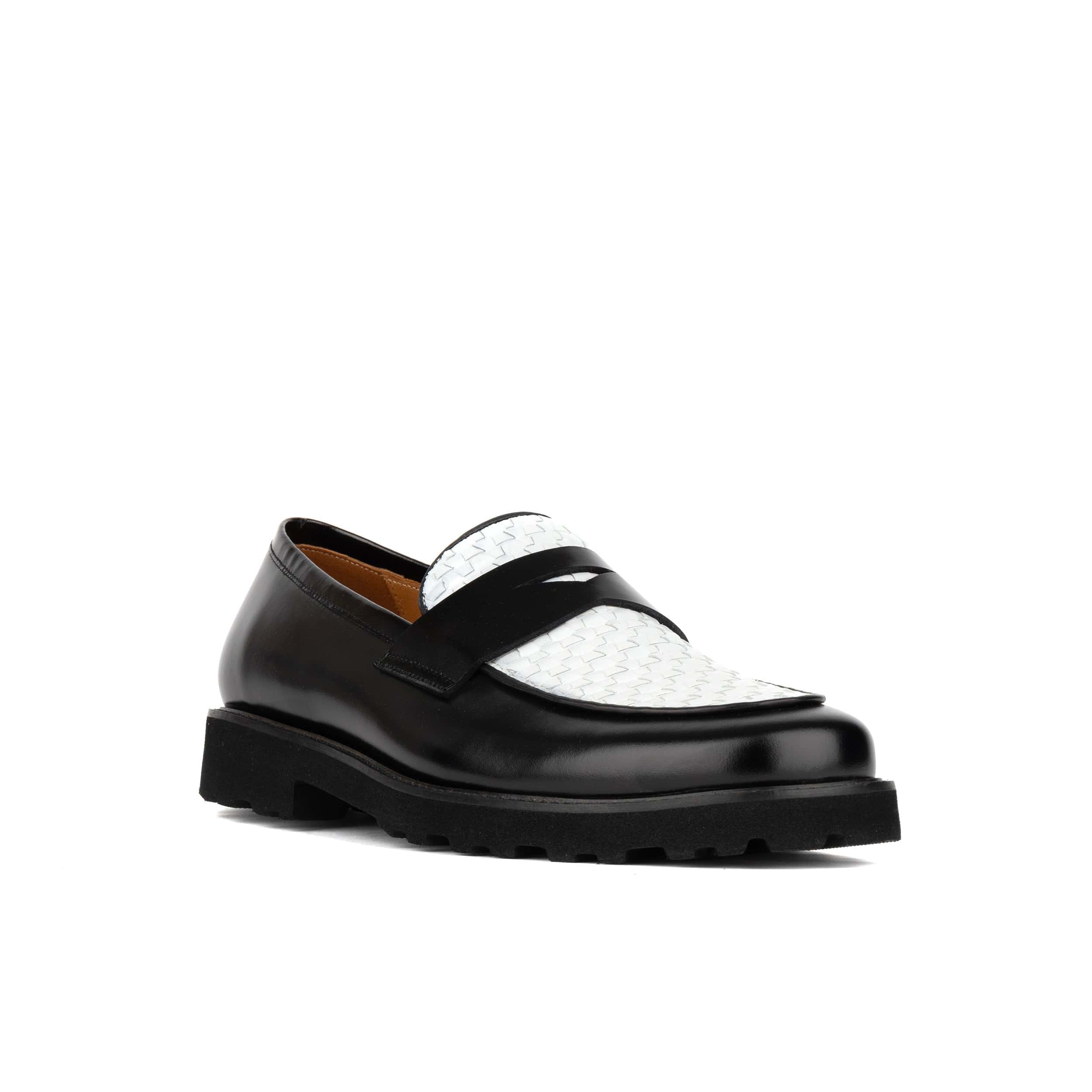 Sunkin - Black & White - Men's leather woven slip-on loafer - Image 2