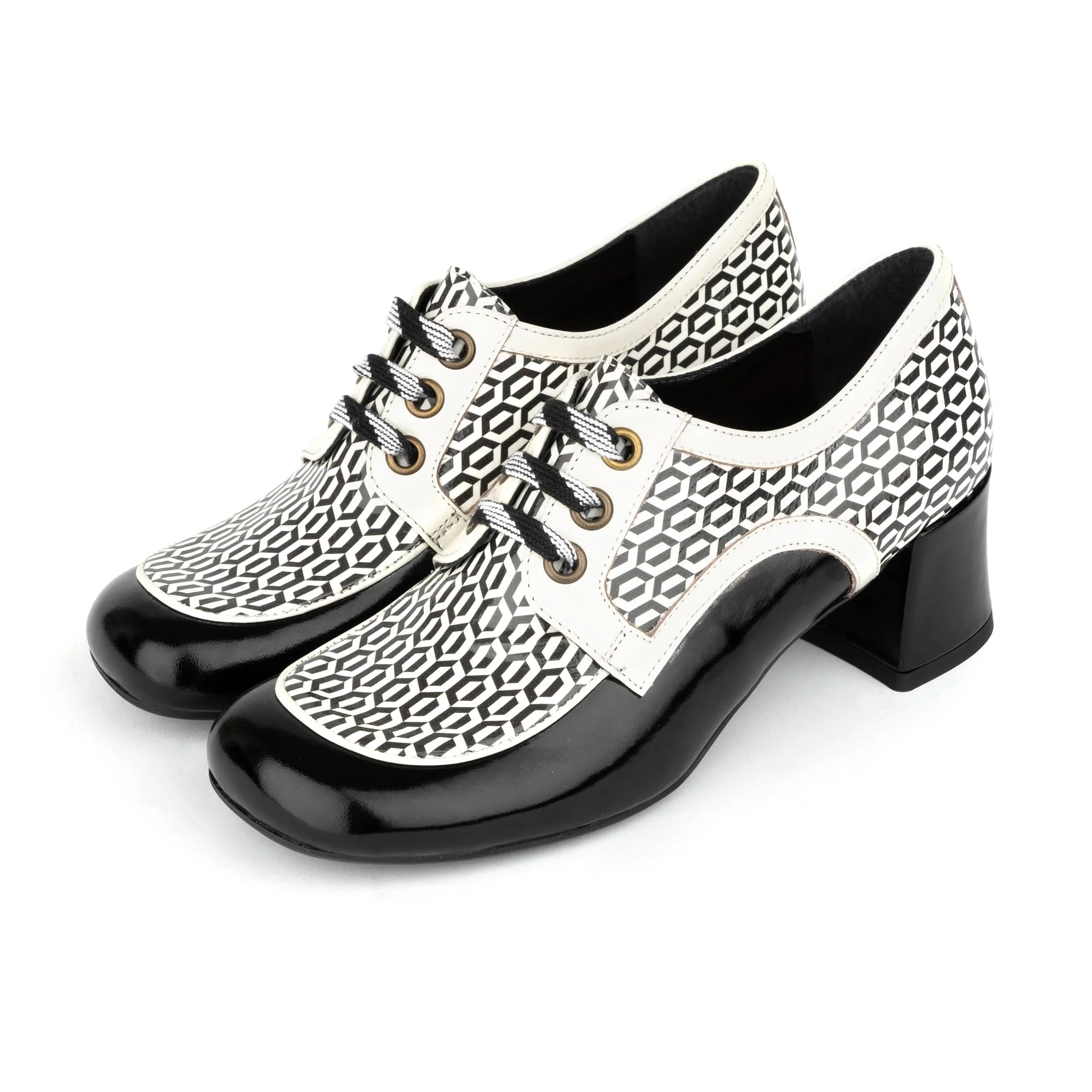 Sovereign - Black & White Optical - Women's leather lace up shoe with block heel - Image 10