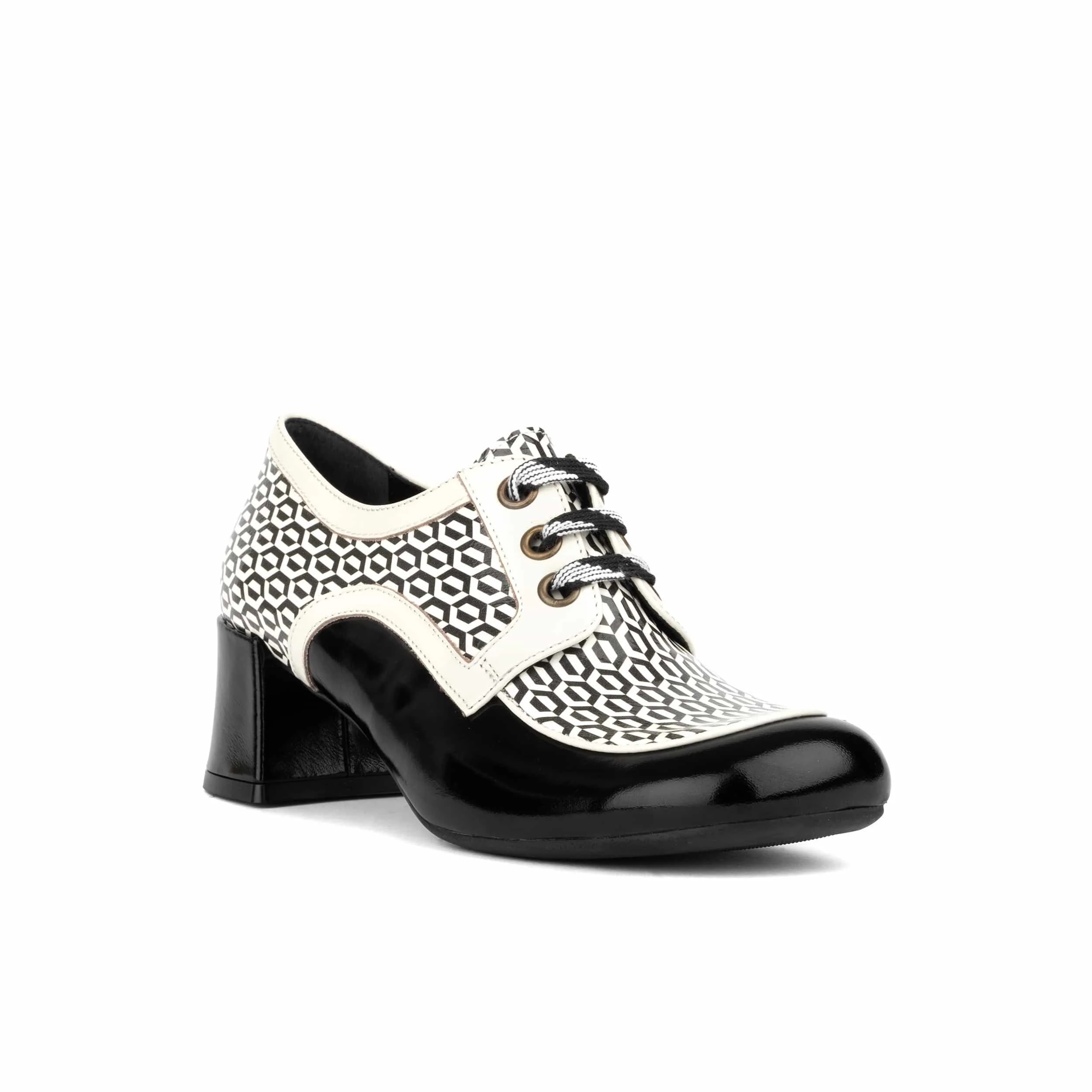 Sovereign - Black & White Optical - Women's leather lace up shoe with block heel - Image 3