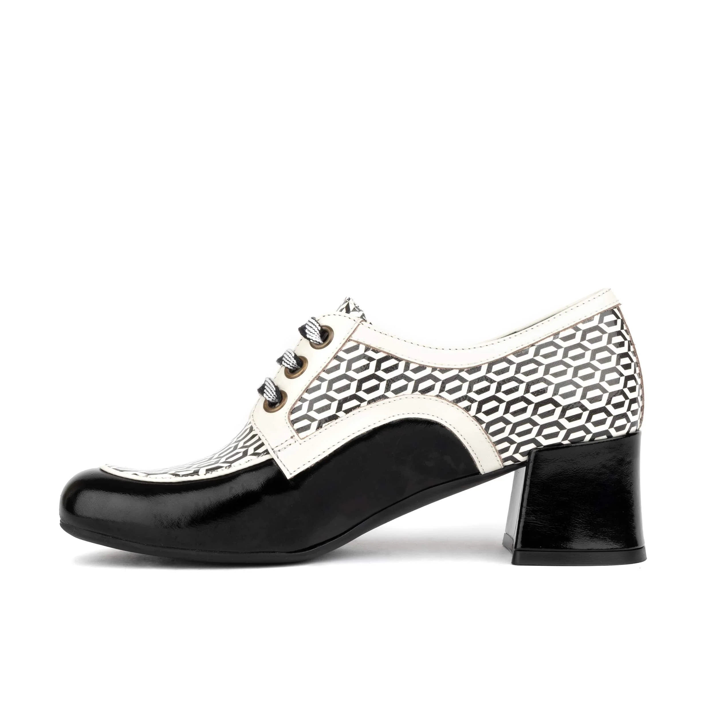 Sovereign - Black & White Optical - Women's leather lace up shoe with block heel - Image 4