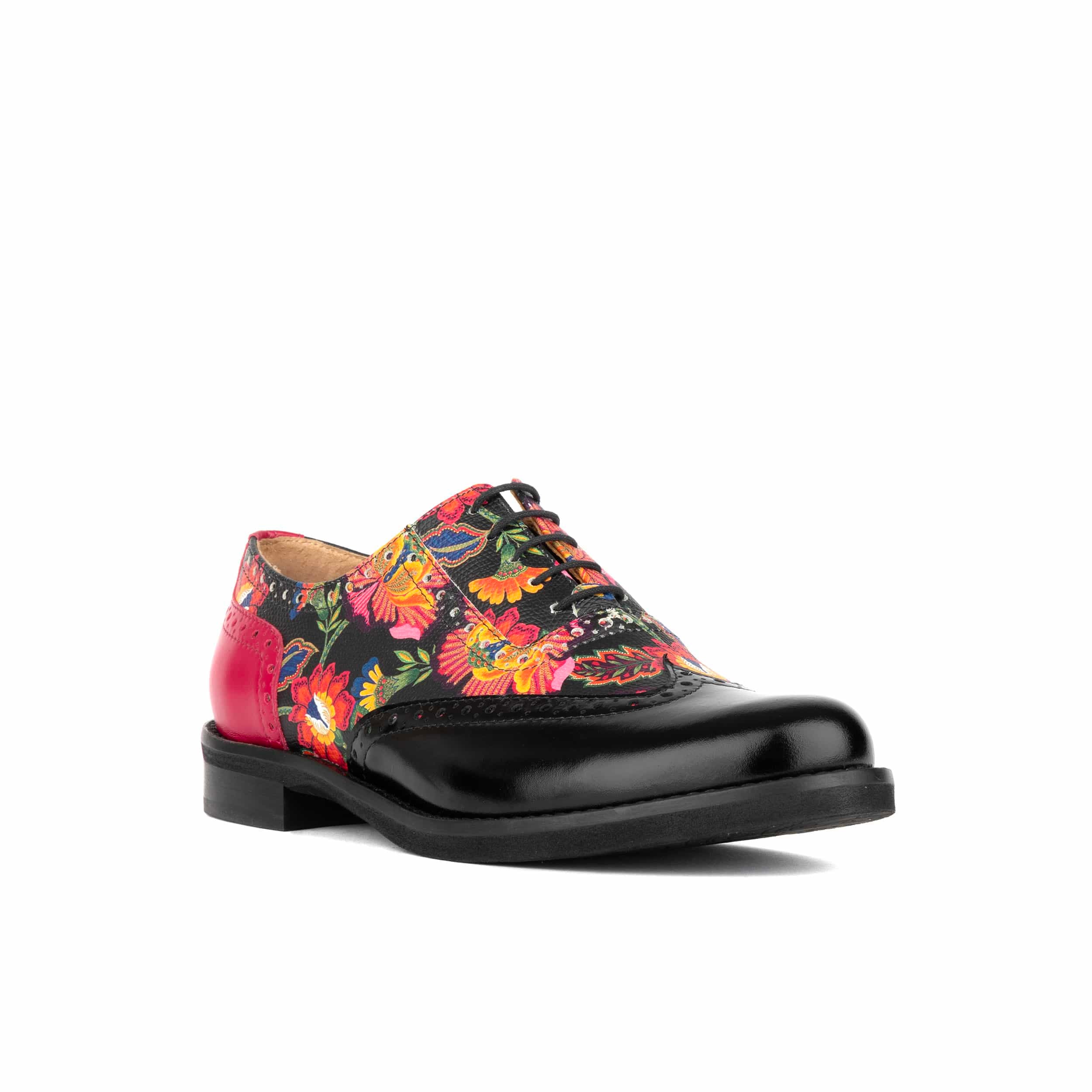 Vivienne - Black & Red Flowers - Women's oxford lace-up shoe with brogue details - Image 3