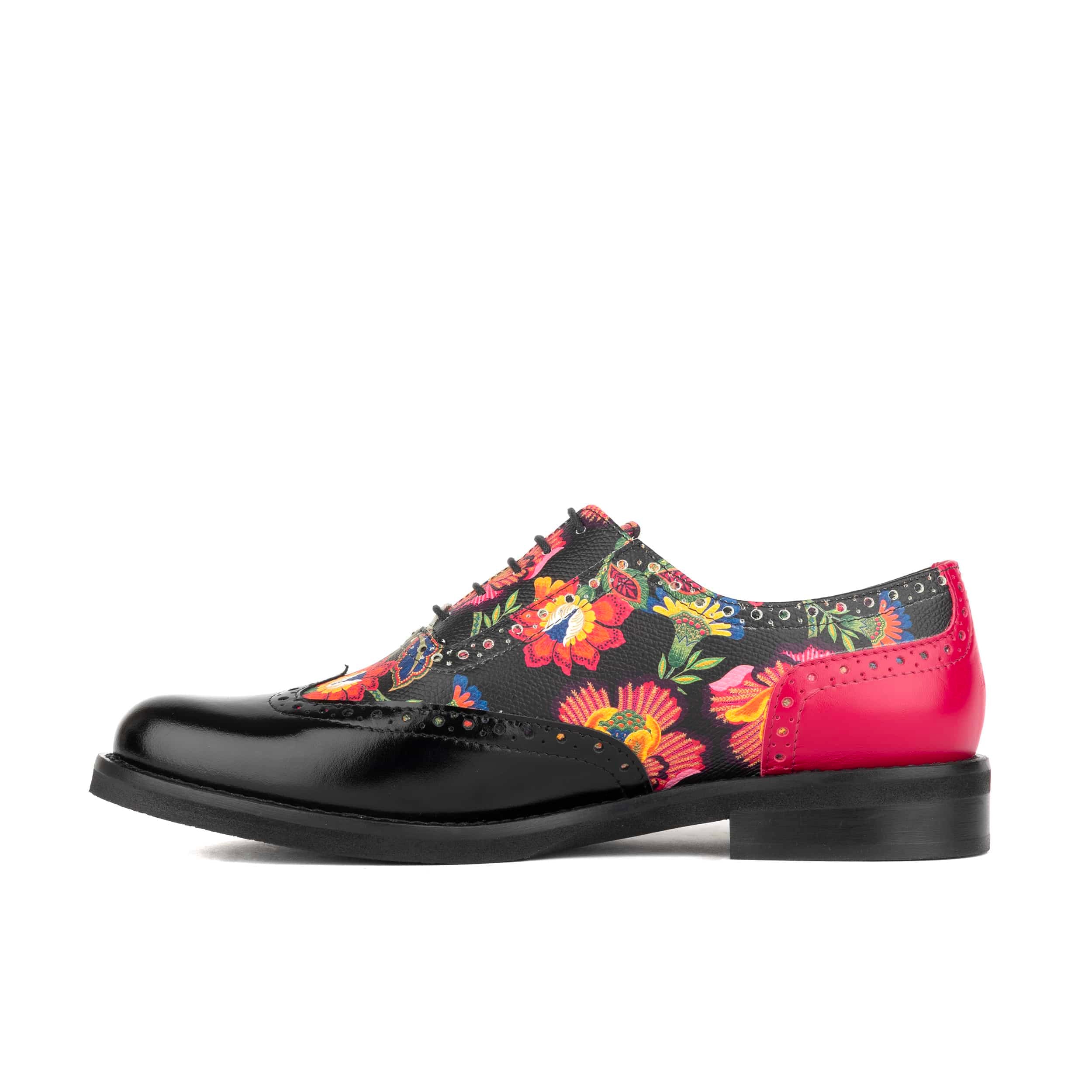 Vivienne - Black & Red Flowers - Women's oxford lace-up shoe with brogue details - Image 4
