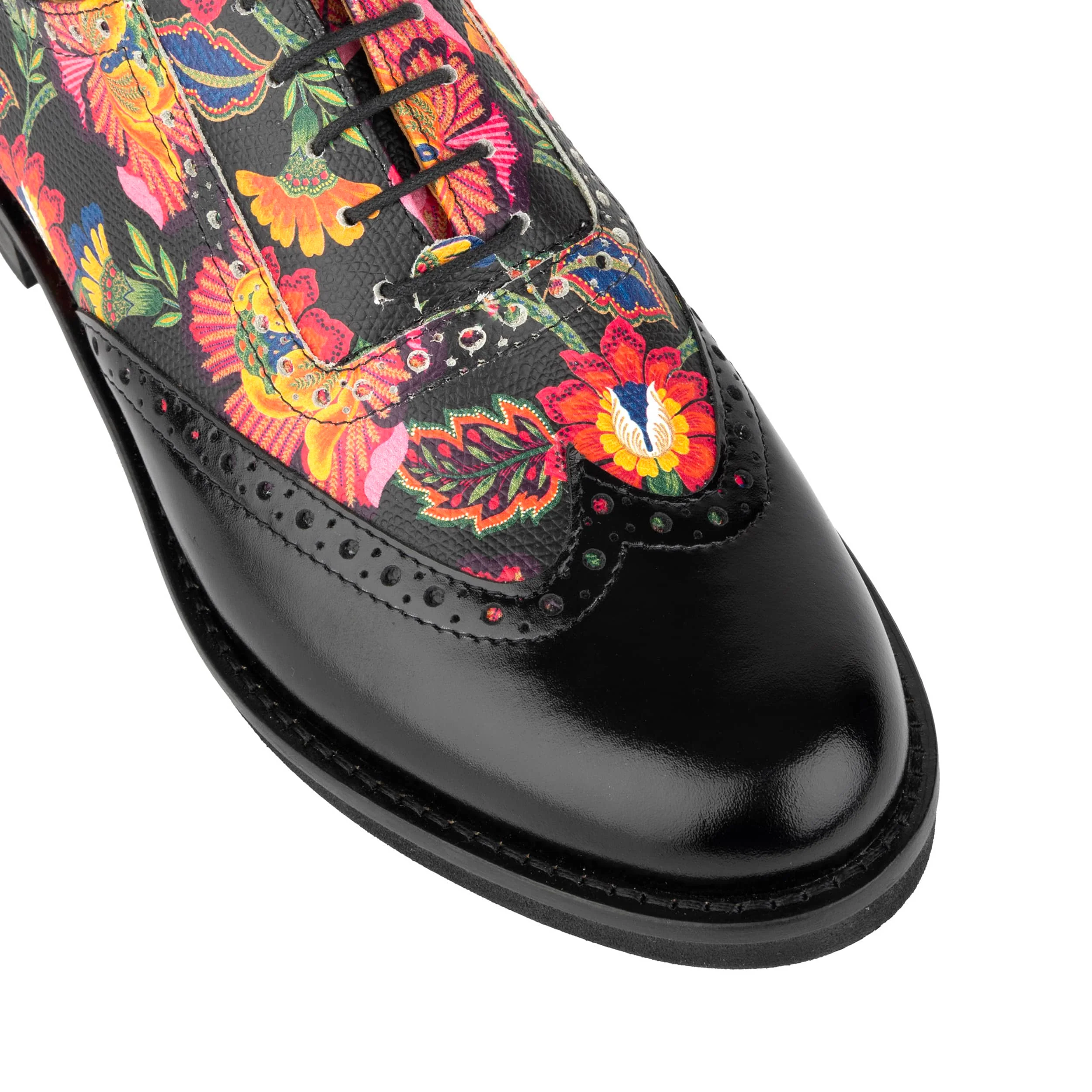 Vivienne - Black & Red Flowers - Women's oxford lace-up shoe with brogue details - Image 8
