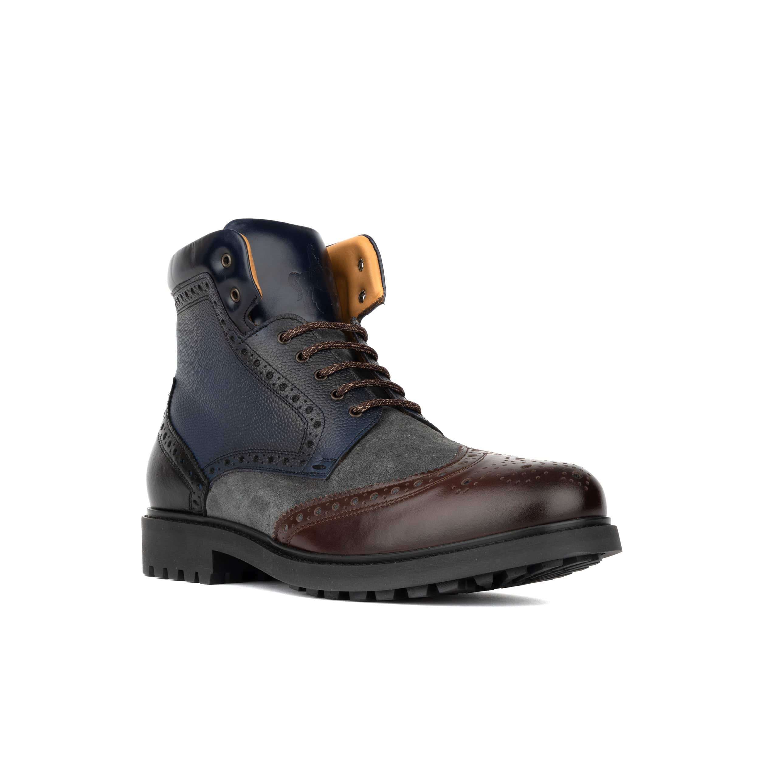 Wanderer - Navy & Grey & Burgundy - Men's leather combat style side zipper boot in brown - Image 3