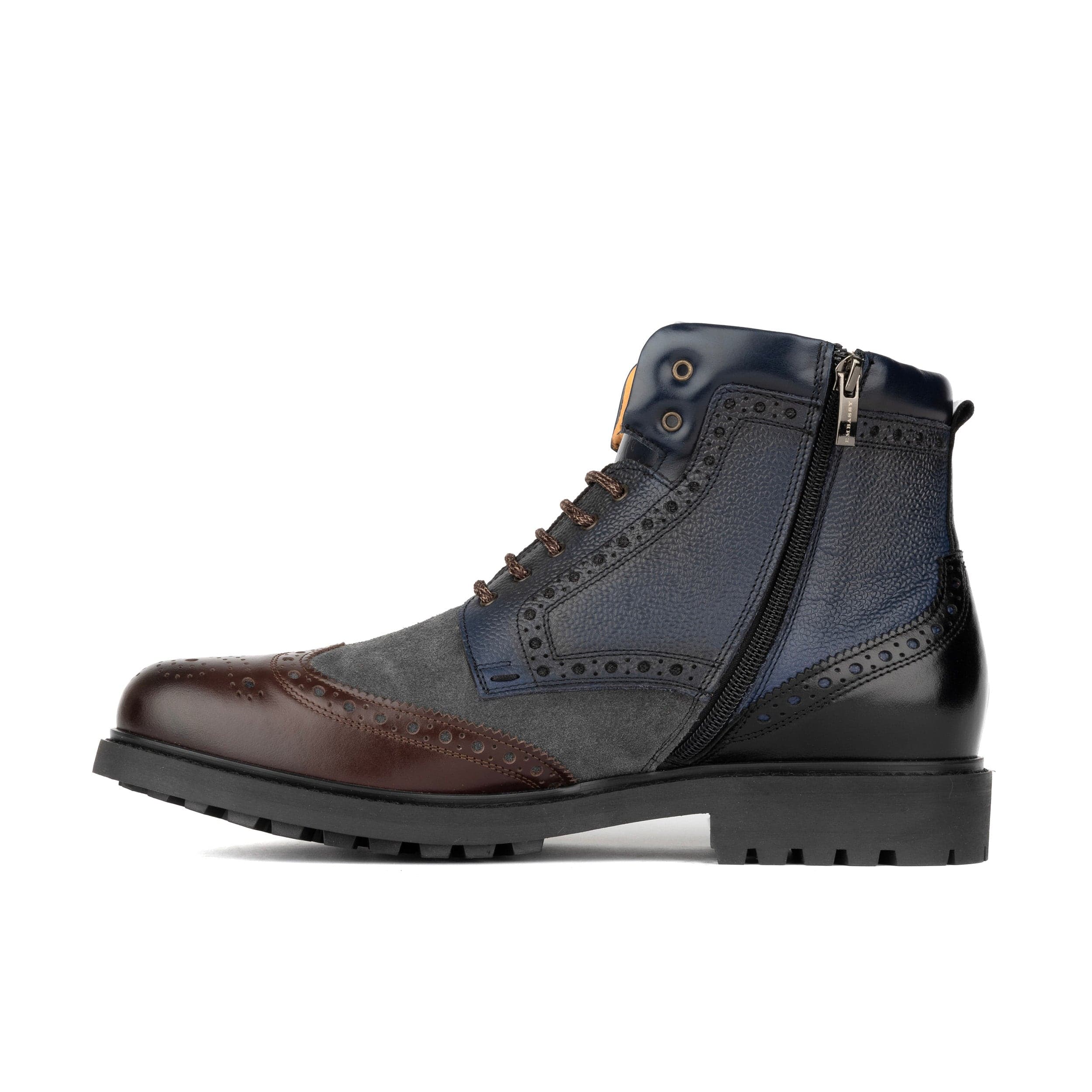 Wanderer - Navy & Grey & Burgundy - Men's leather combat style side zipper boot in brown - Image 4