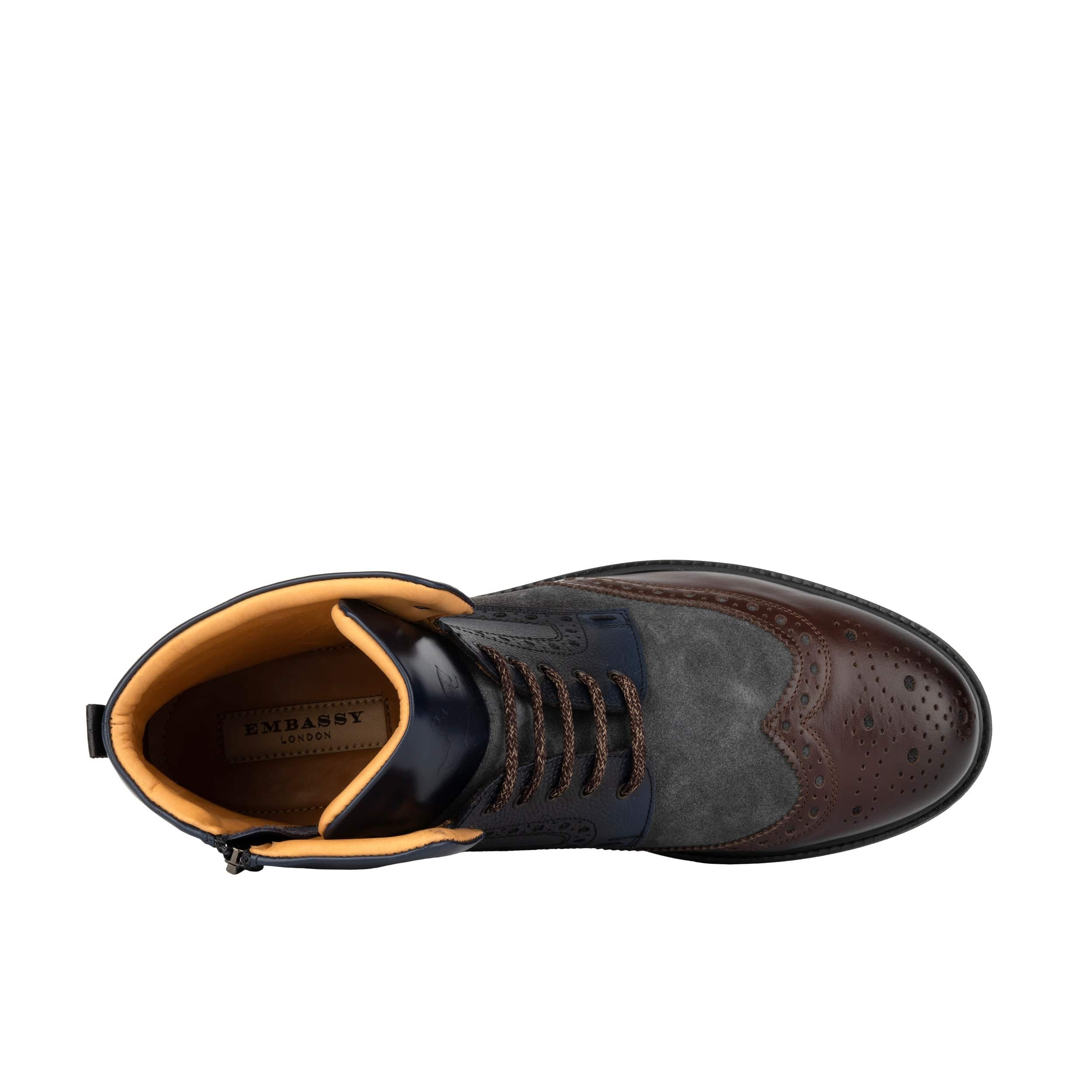 Wanderer - Navy & Grey & Burgundy - Men's leather combat style side zipper boot in brown - Image 7