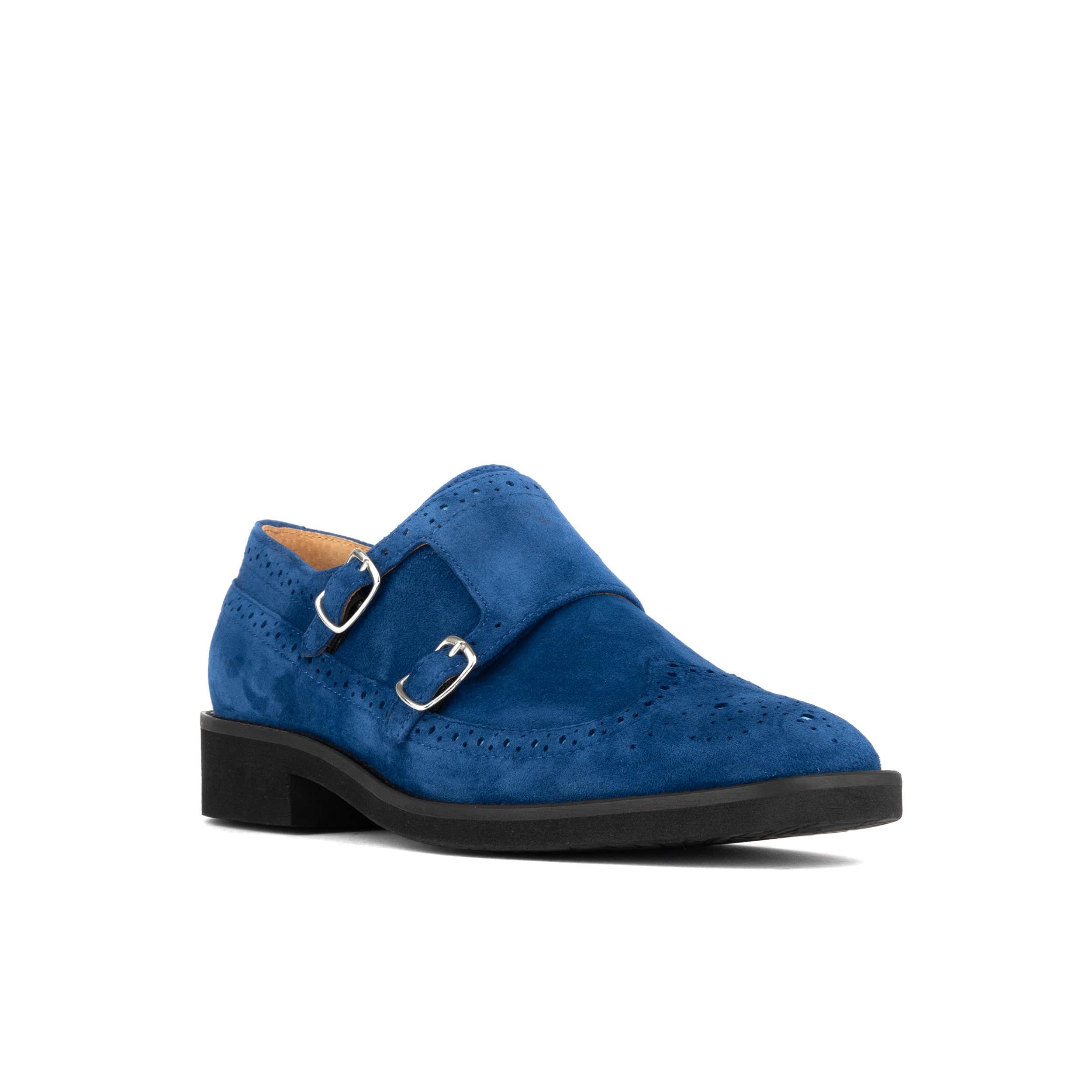 Windsor - Blue - Women's blue suede leather monk shoe with brogue detailing - Image 2