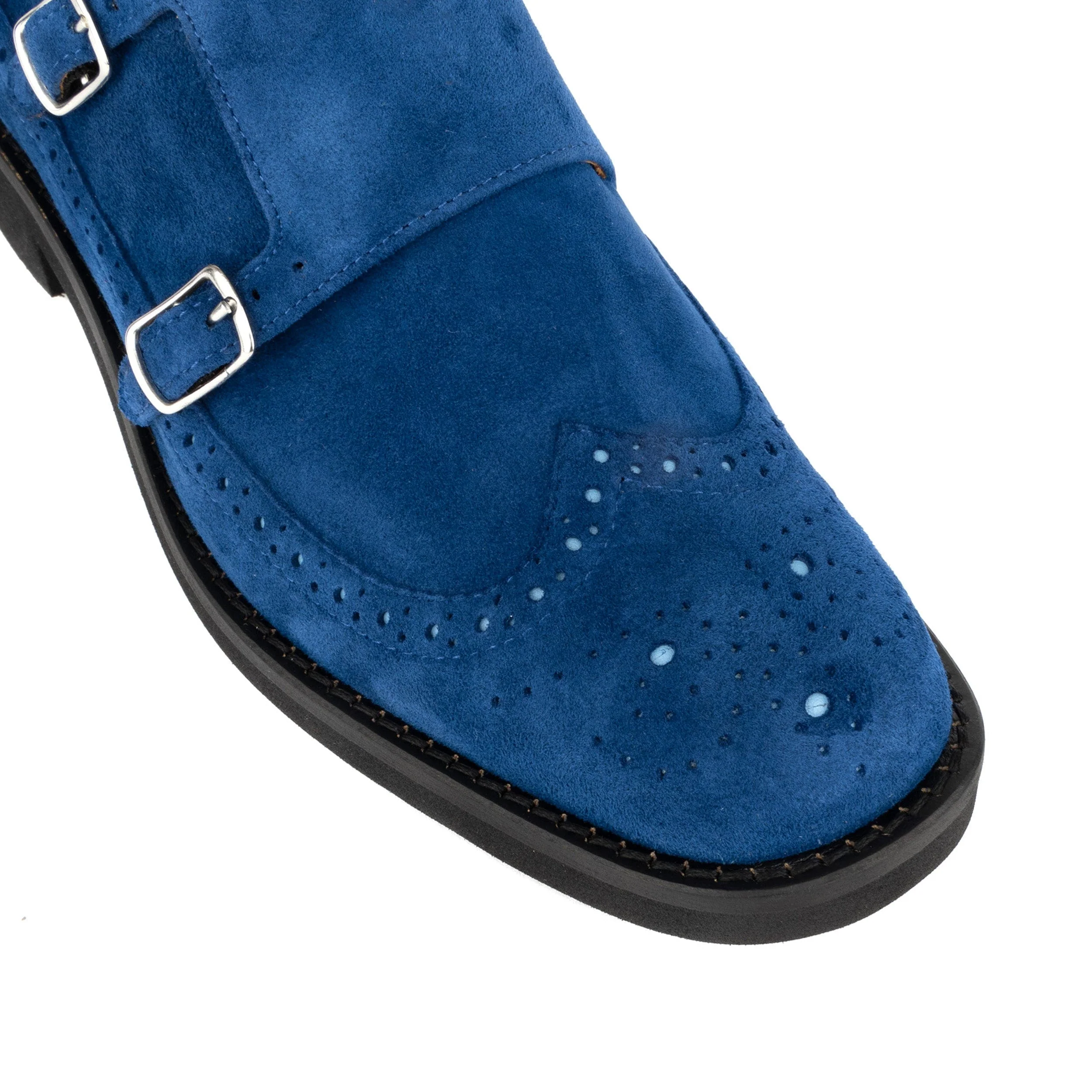Windsor - Blue - Women's blue suede leather monk shoe with brogue detailing - Image 7