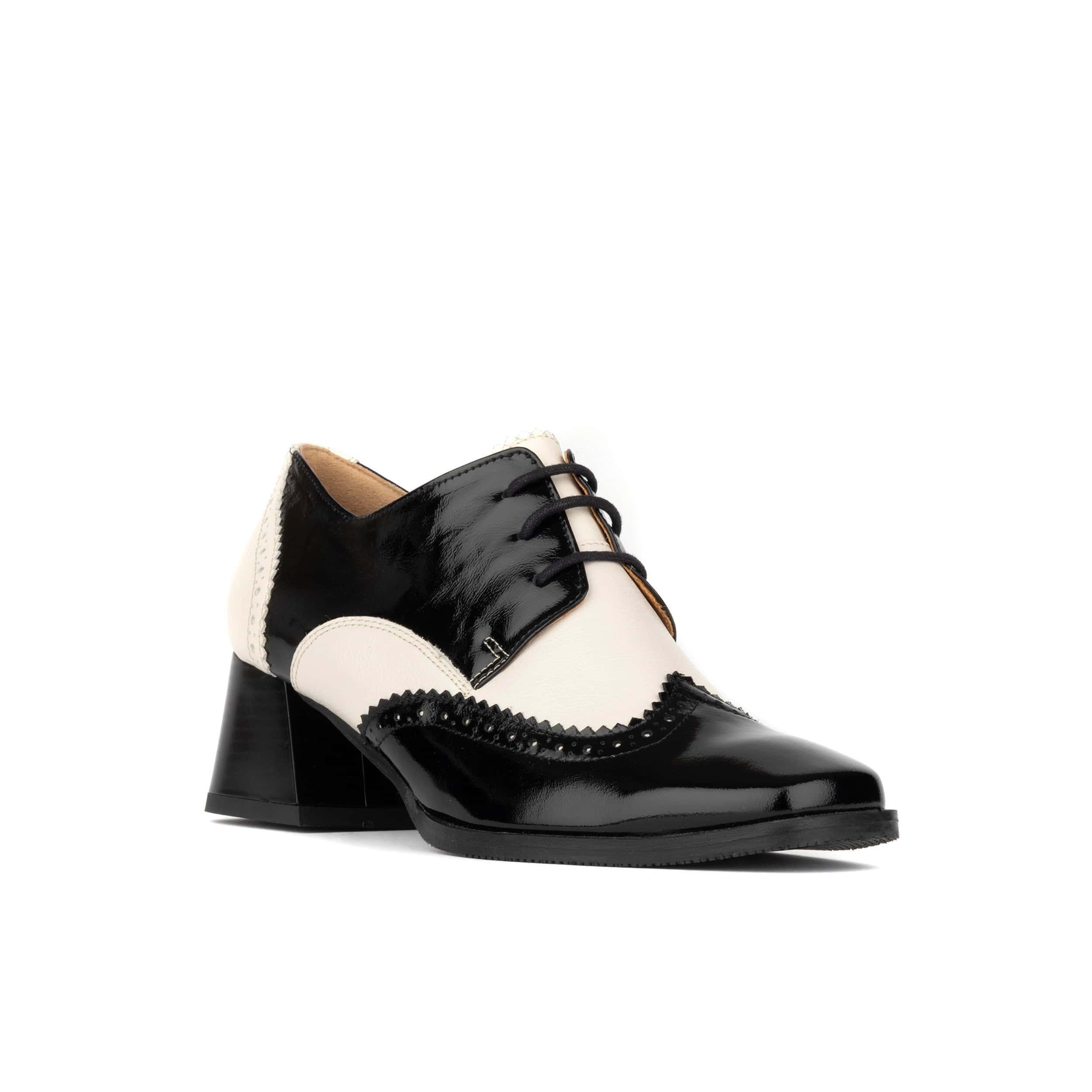 Ziggy - Black & Cream - Women’s Patent Leather lace-up Brogue Heel - Image 3