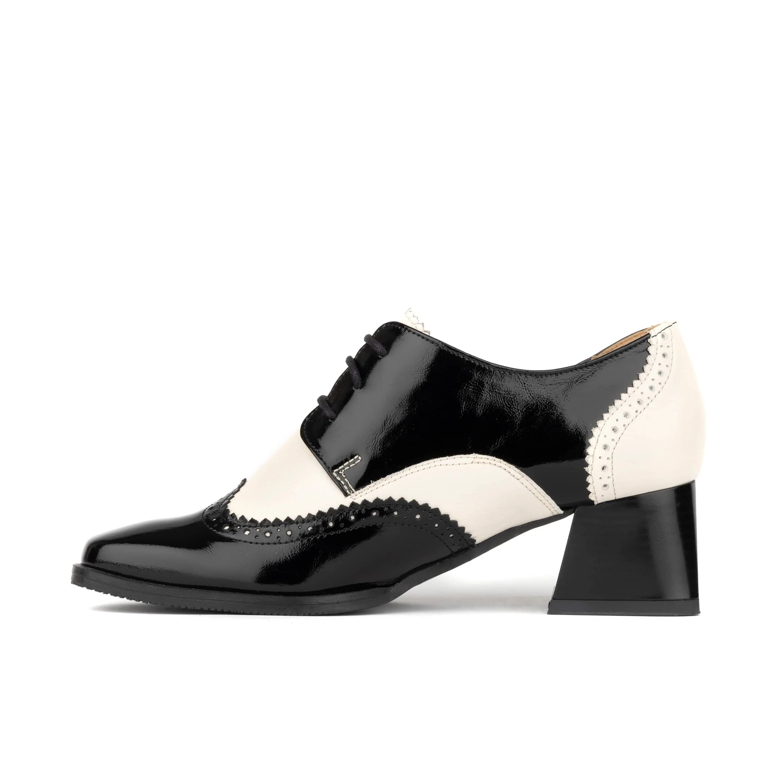 Ziggy - Black & Cream - Women’s Patent Leather lace-up Brogue Heel - Image 4