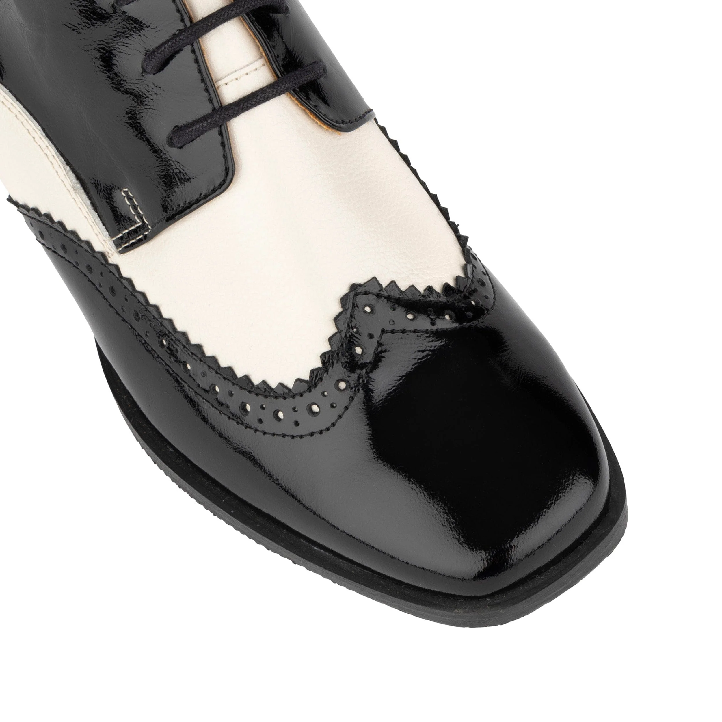 Ziggy - Black & Cream - Women’s Patent Leather lace-up Brogue Heel - Image 8