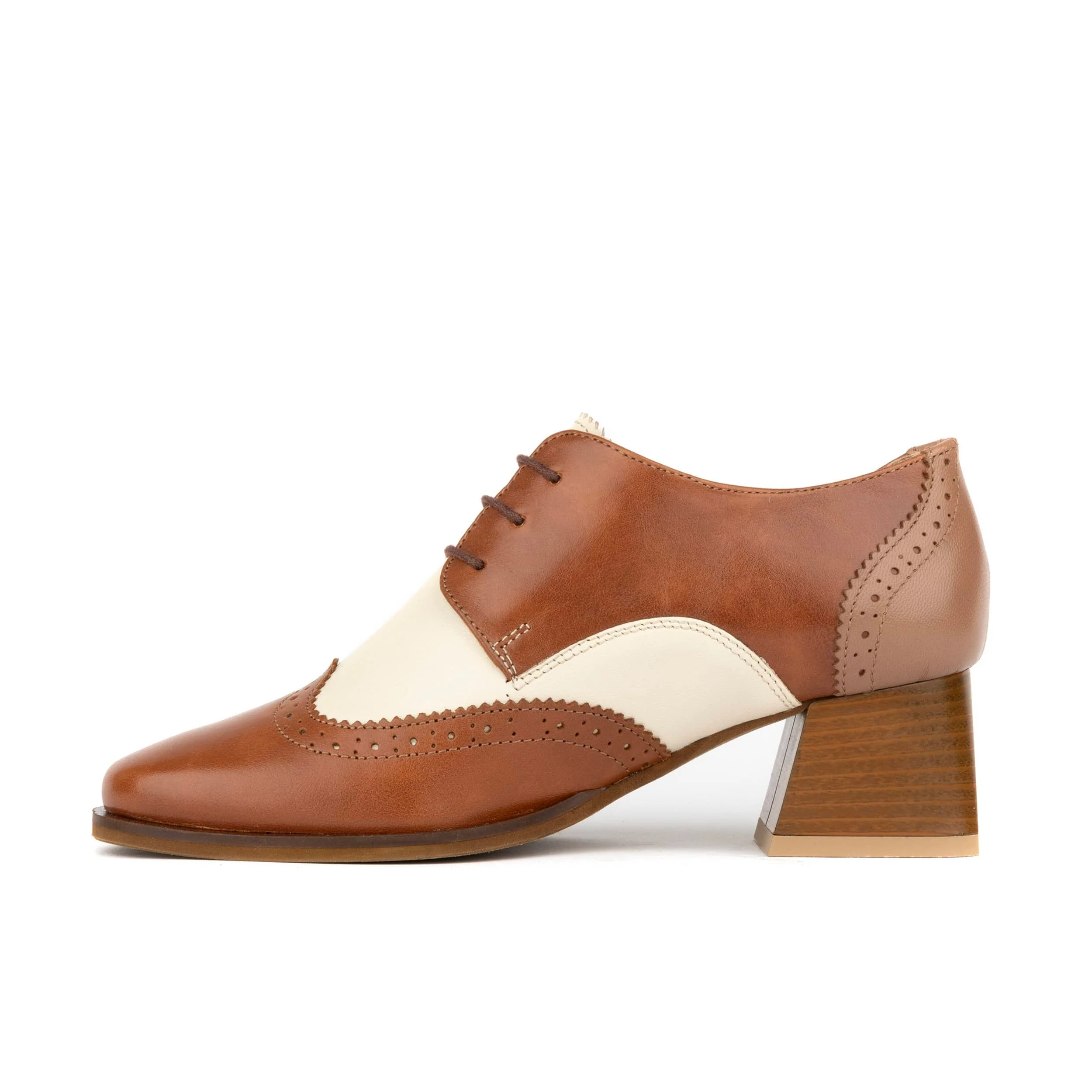 Ziggy - Brown & Cream - Women’s Leather Lace-up Brogue Heel - Image 3